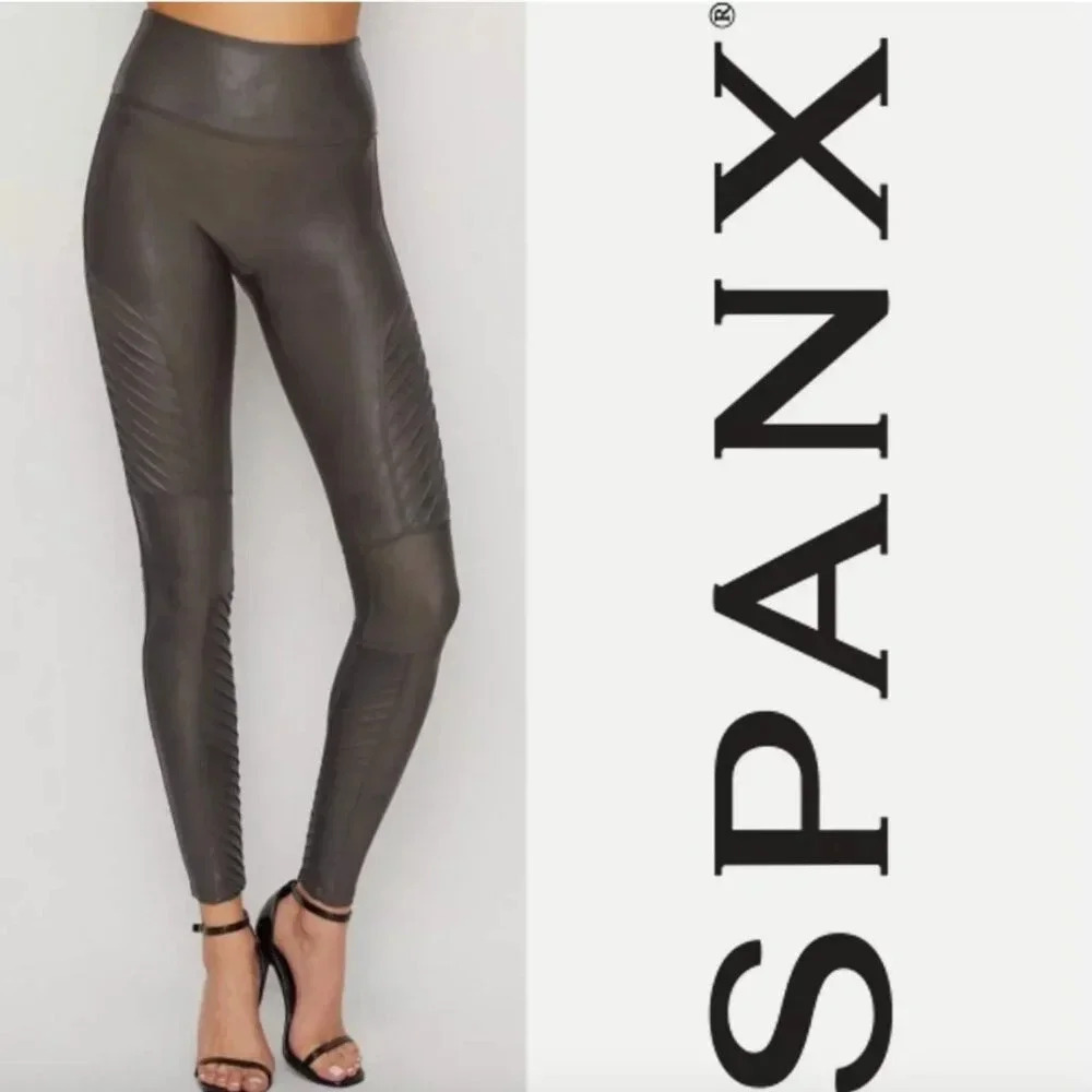 Spanx Leggings Faux Leather Moto Ribbed Slimming Shiny Gray Black Size Medium